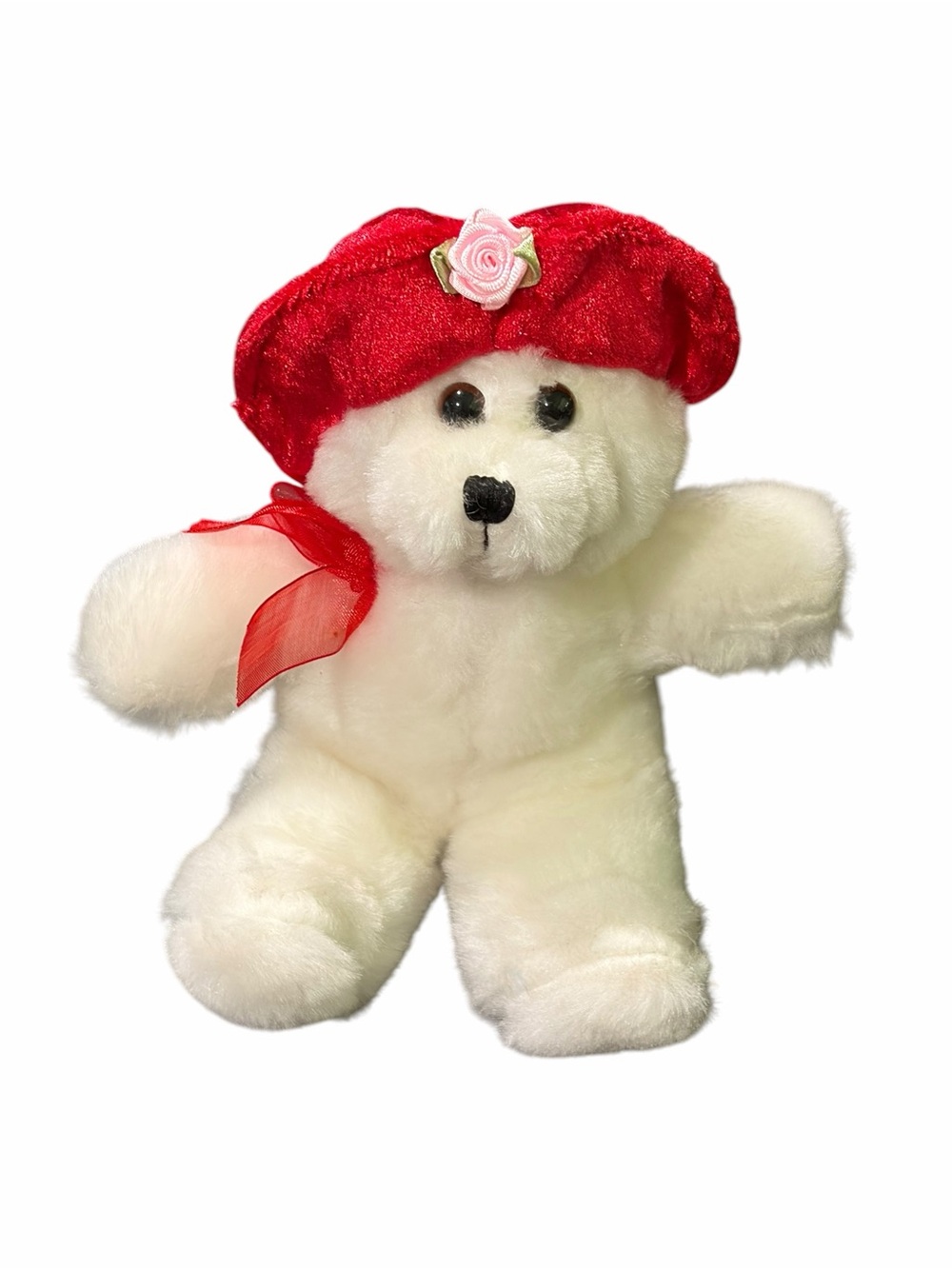 Vintage Megatoys White Teddy Bear Plush with Red Velvet Hat & Ribbon